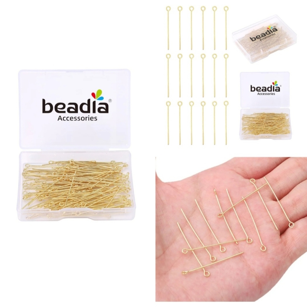 🍎New 100 14K Gold Plated Open Eye Pins Non Tarnish 35mm Jewelry Making Findings